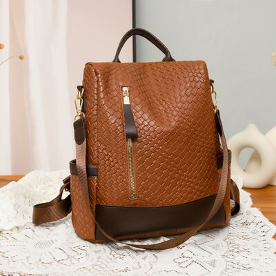 Chic Woven Design PU Leather Backpack with Multiple Handles - MARIGOLD