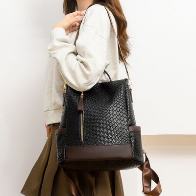 Chic Woven Design PU Leather Backpack with Multiple Handles - MARIGOLD