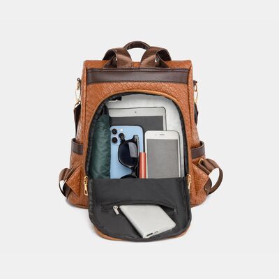 Chic Woven Design PU Leather Backpack with Multiple Handles - MARIGOLD