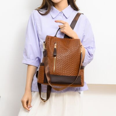 Chic Woven Design PU Leather Backpack with Multiple Handles - MARIGOLD