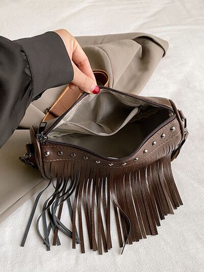 Boho Chic Fringe & Studded Crossbody Bag - MARIGOLD