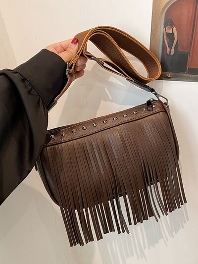 Boho Chic Fringe & Studded Crossbody Bag - MARIGOLD