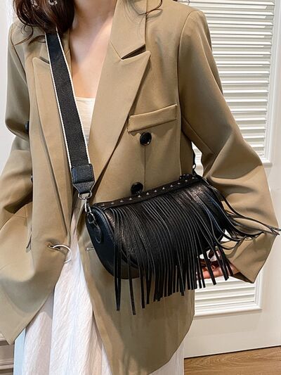 Boho Chic Fringe & Studded Crossbody Bag - MARIGOLD