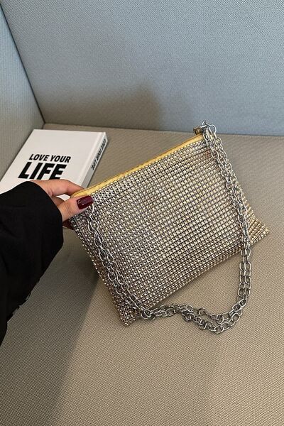 Rhinestone Polyester Chain Crossbody Bag - MARIGOLD