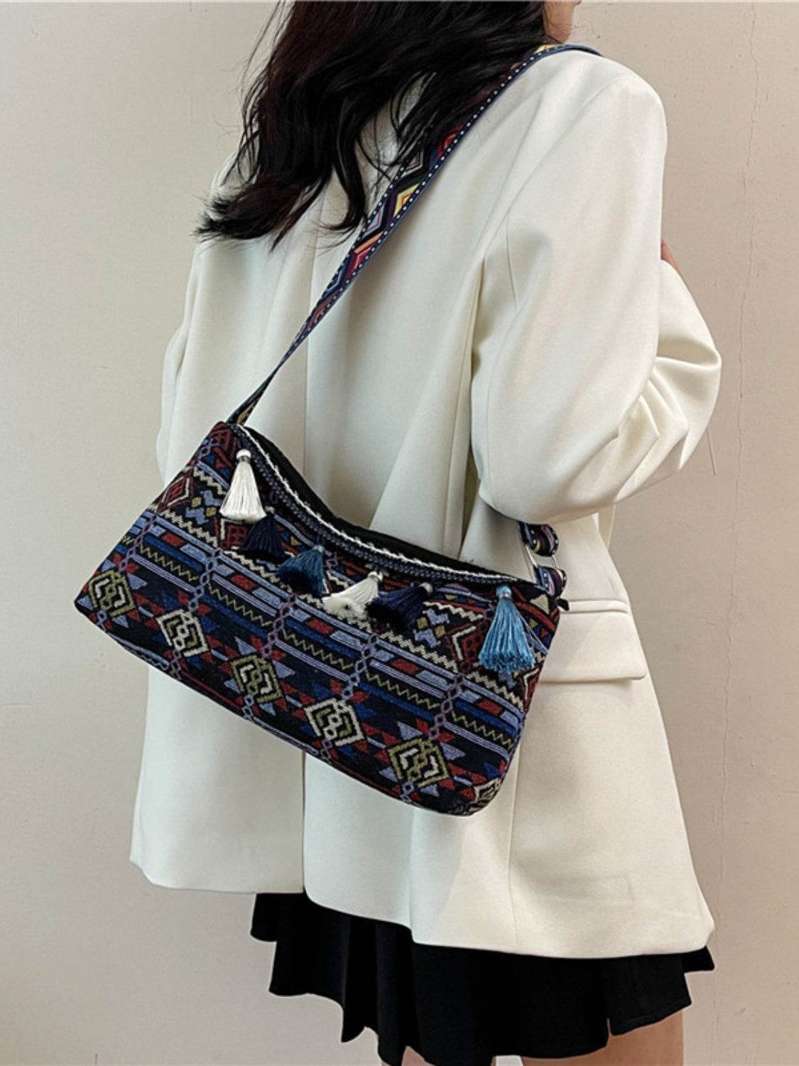 Geometric-Design Tassel Adjustable-Strap Shoulder Bag - MARIGOLD