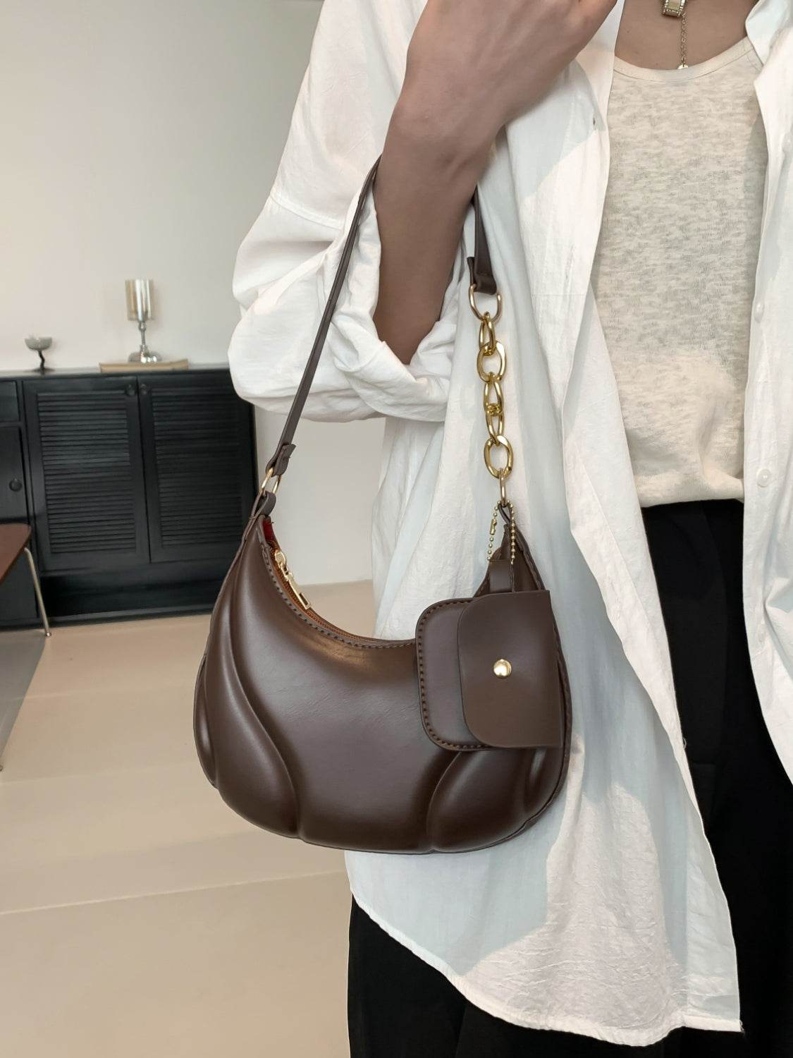 PU Leather Shoulder Bag with EarPods Bag - MARIGOLD
