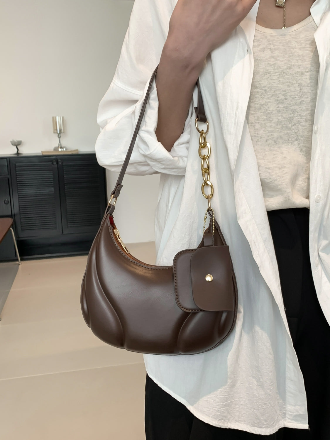 PU Leather Shoulder Bag with EarPods Bag - MARIGOLD