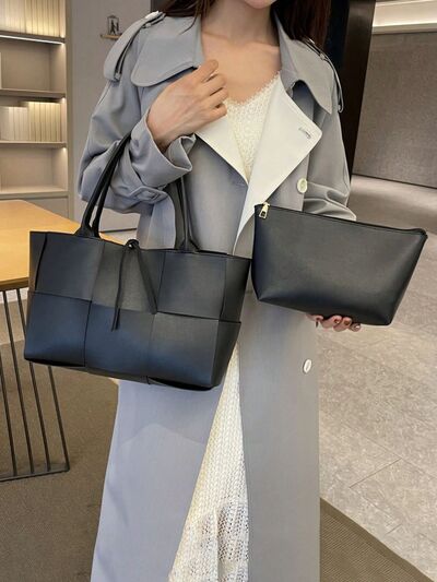 PU Leather Woven Handbag and Clutch Set - MARIGOLD
