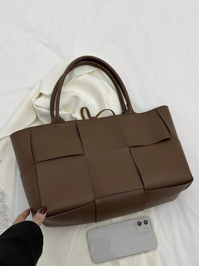 PU Leather Woven Handbag and Clutch Set - MARIGOLD