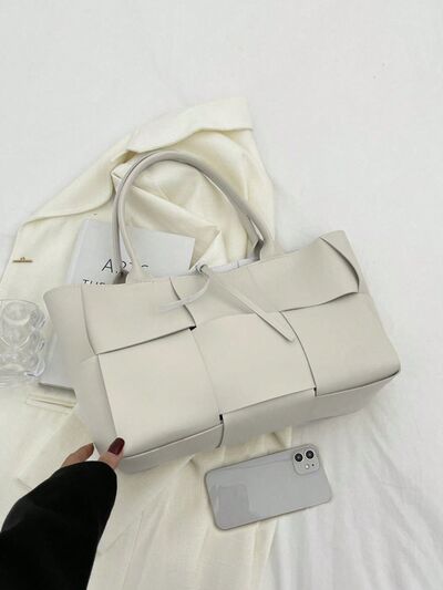 PU Leather Woven Handbag and Clutch Set - MARIGOLD