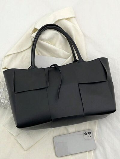 PU Leather Woven Handbag and Clutch Set - MARIGOLD