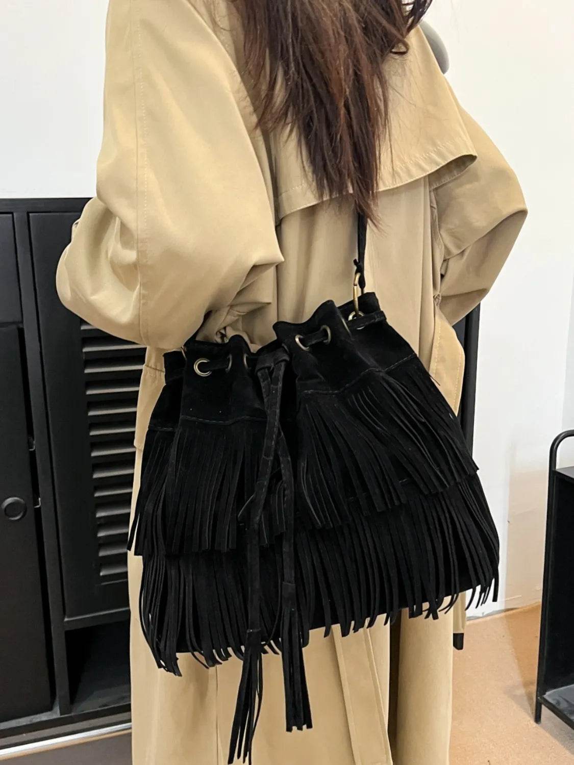 Fringe Drawstring Shoulder Bag - MARIGOLD
