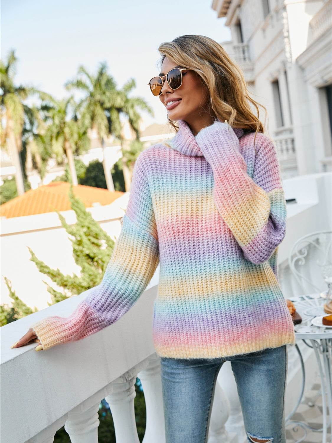 Multi-color Ombre Turtleneck Dropped-Shoulder Sweater - MARIGOLD