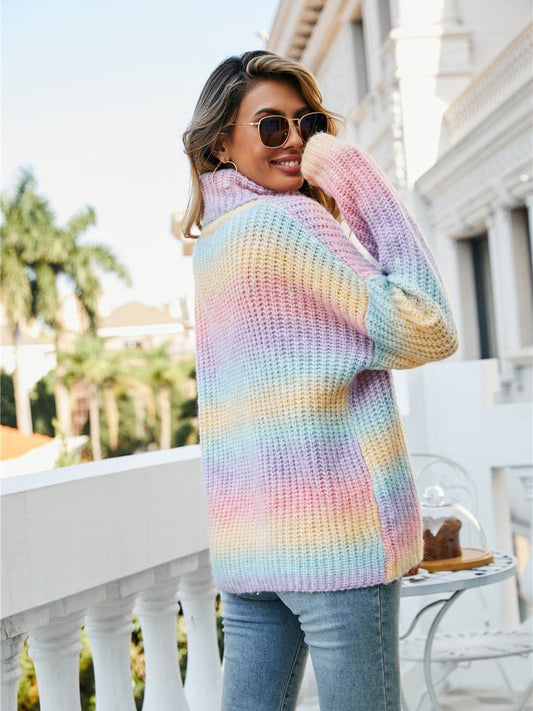 Multi-color Ombre Turtleneck Dropped-Shoulder Sweater - MARIGOLD