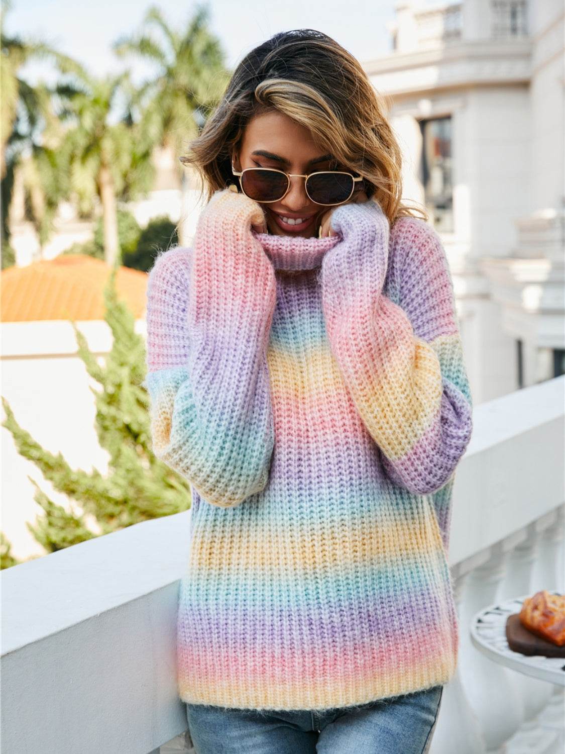 Multi-color Ombre Turtleneck Dropped-Shoulder Sweater - MARIGOLD