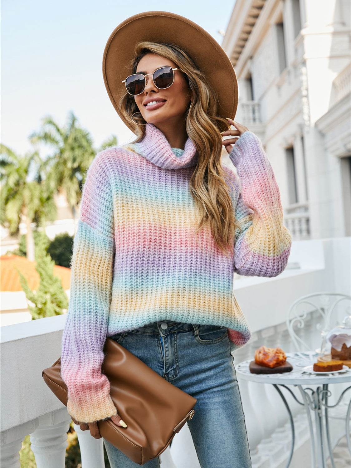 Multi-color Ombre Turtleneck Dropped-Shoulder Sweater - MARIGOLD