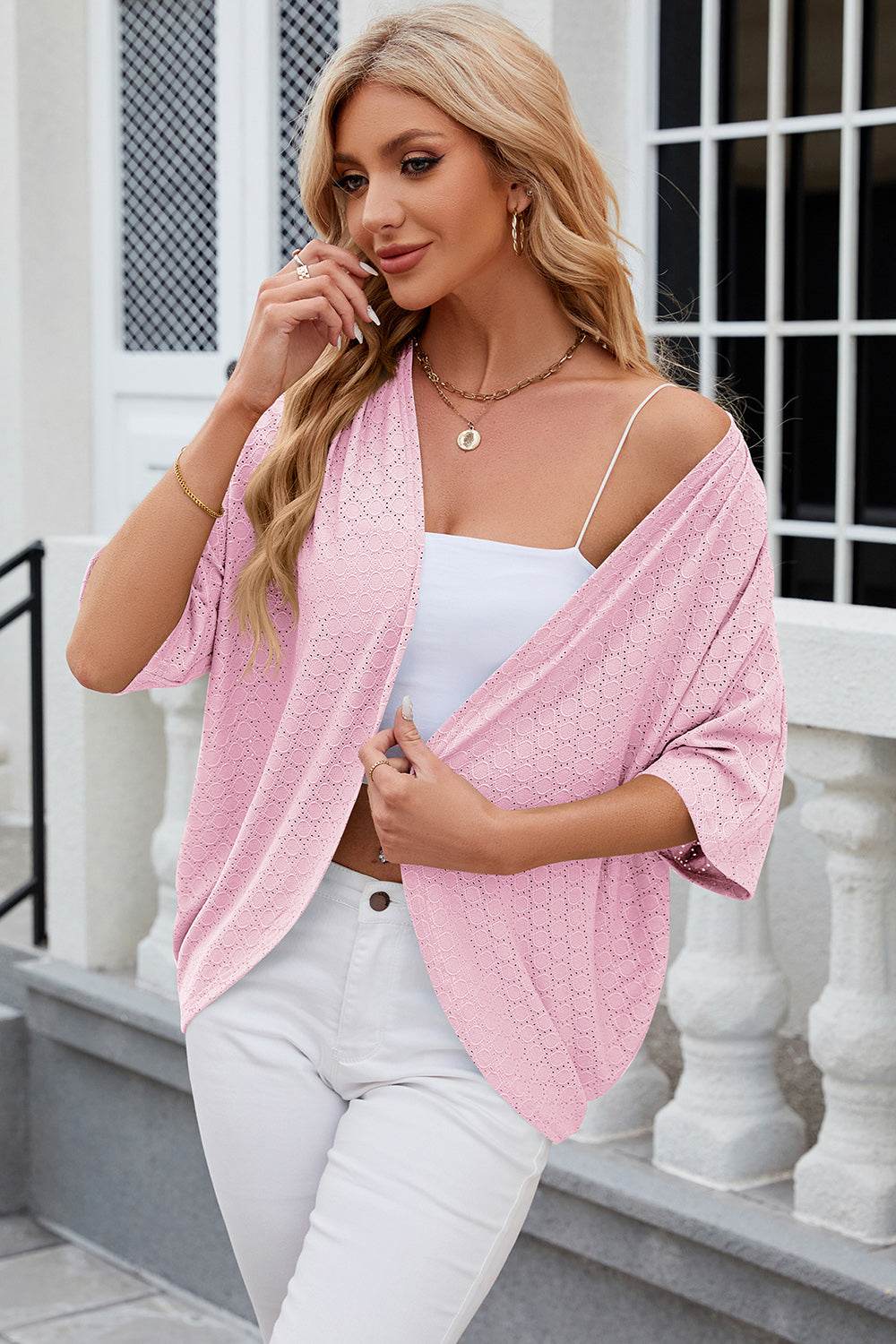Eyelet Open Front Half Sleeve Cardigan - MARIGOLD
