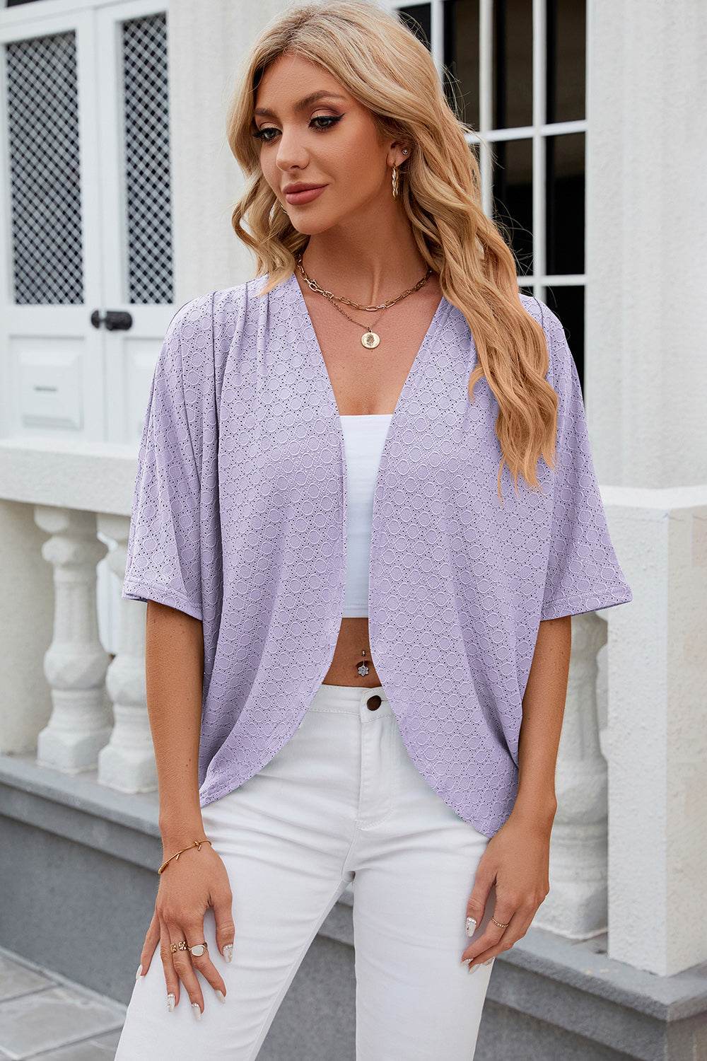 Eyelet Open Front Half Sleeve Cardigan - MARIGOLD
