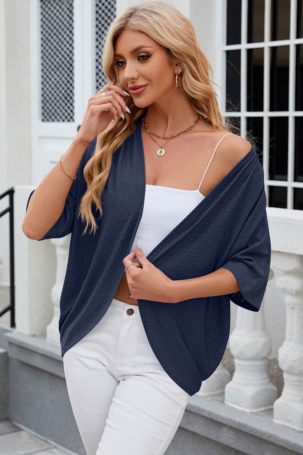 Eyelet Open Front Half Sleeve Cardigan - MARIGOLD