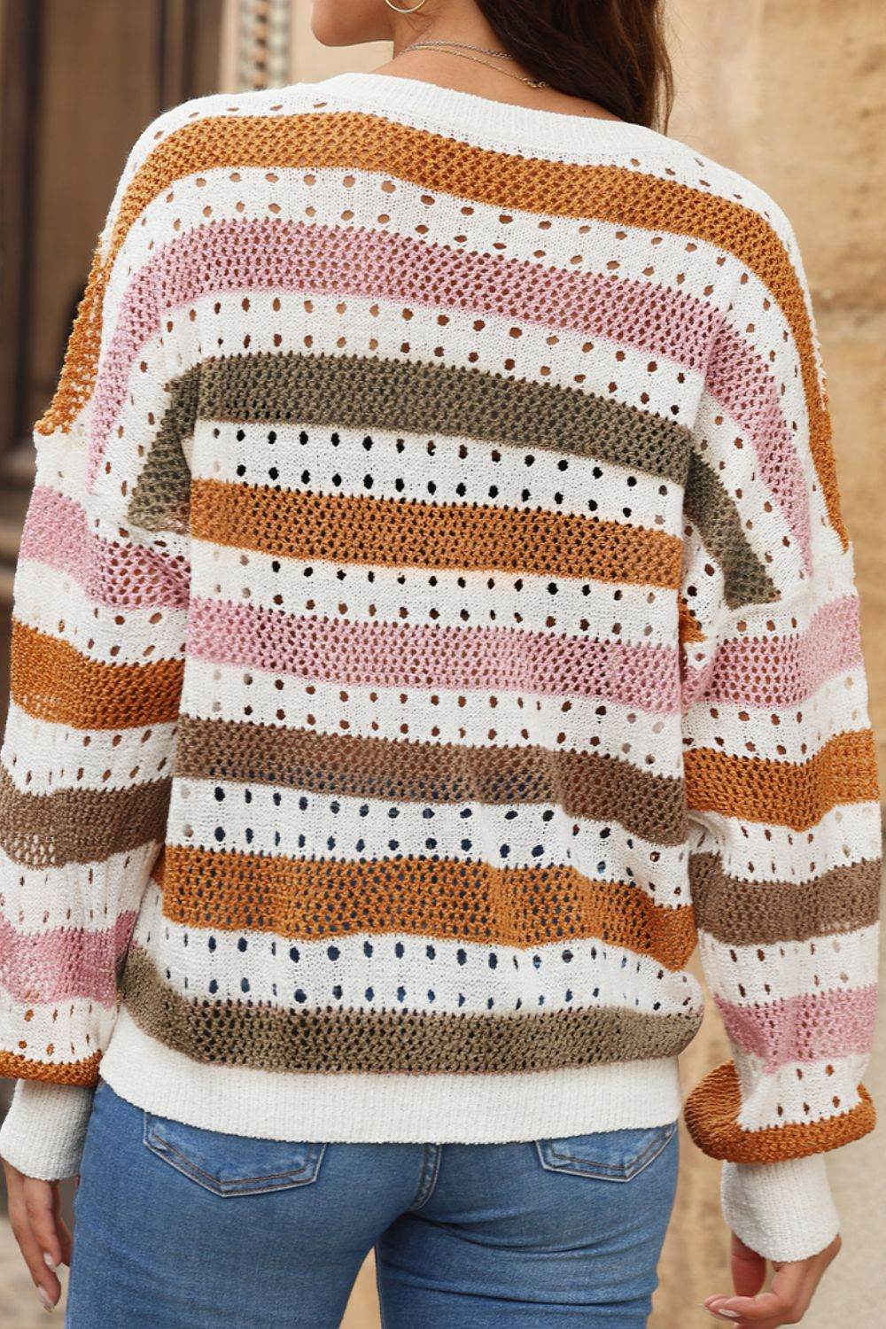 Open Knit Striped Round Neck Sweater - MARIGOLD