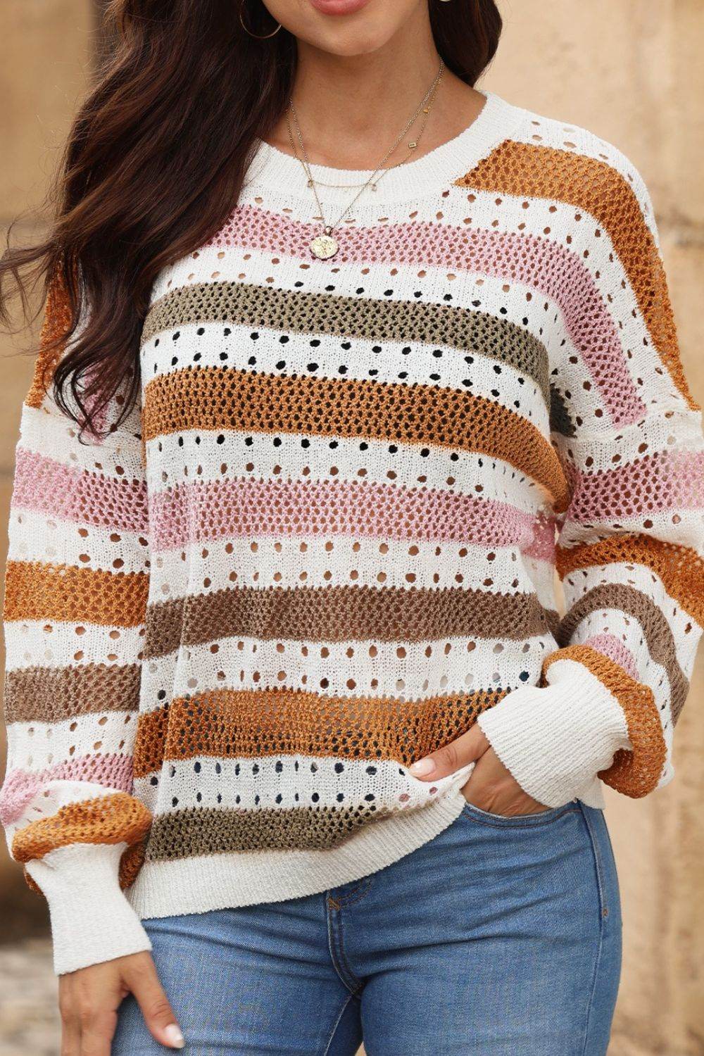 Open Knit Striped Round Neck Sweater - MARIGOLD