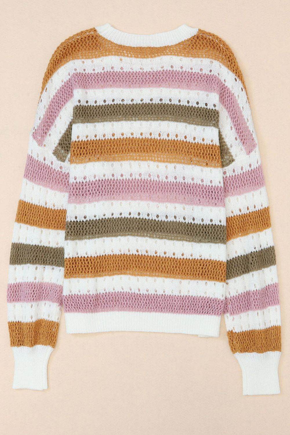 Open Knit Striped Round Neck Sweater - MARIGOLD