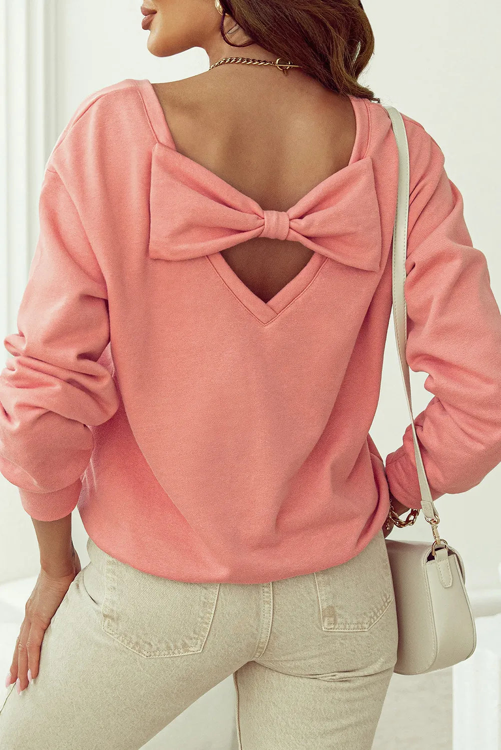 Bow Round Neck Long Sleeve Sweatshirt - MARIGOLD