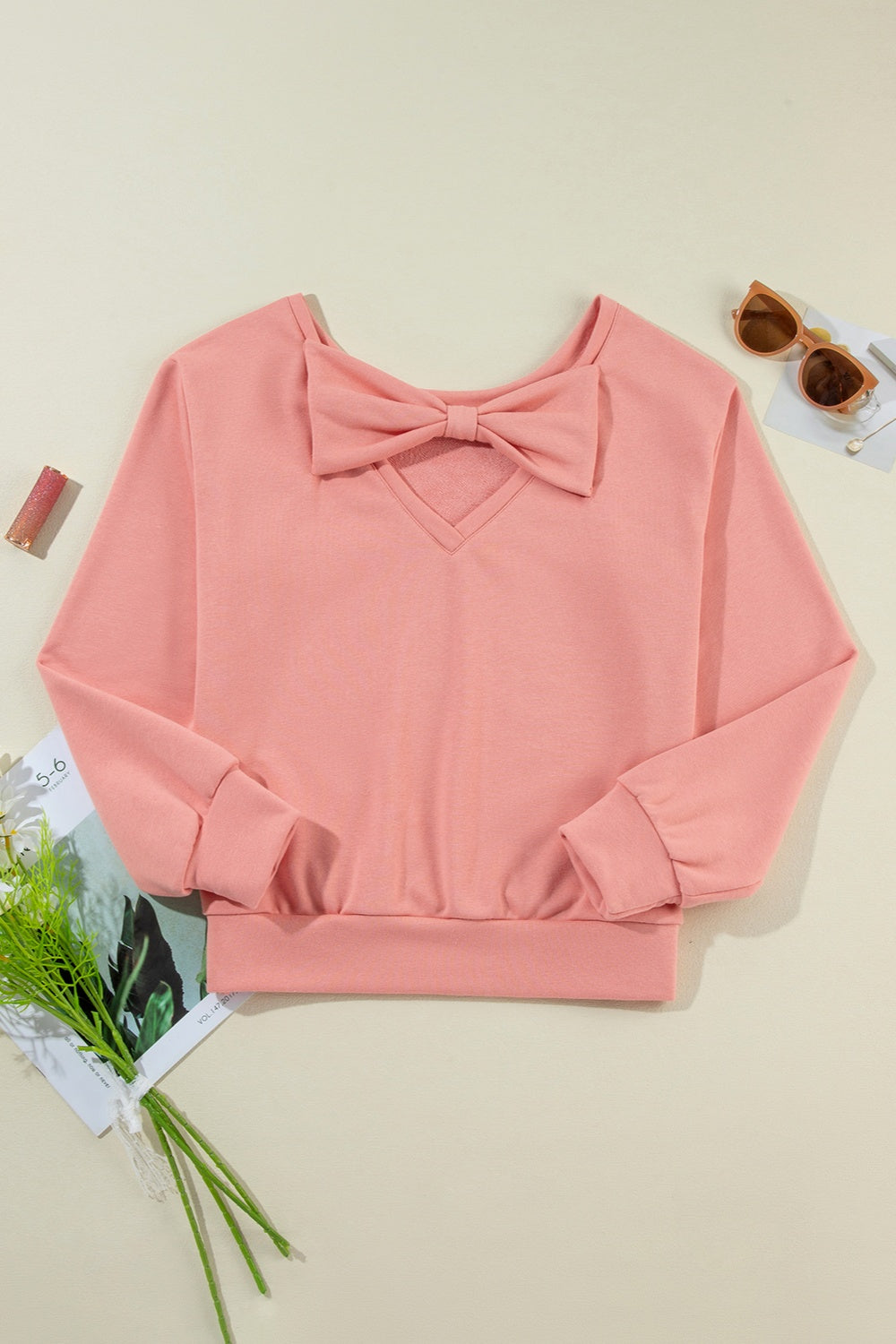 Bow Round Neck Long Sleeve Sweatshirt - MARIGOLD