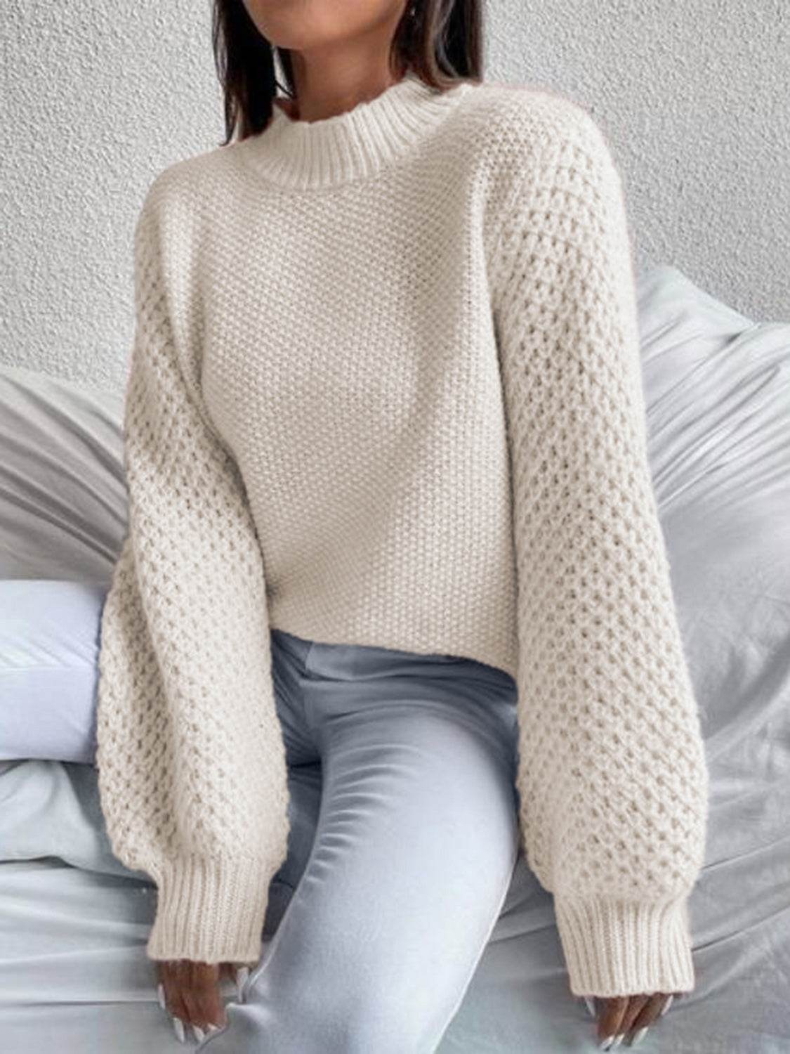Open-Knit Mock Neck Long Sleeve Sweater - MARIGOLD