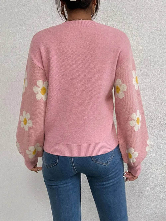 Flower Print Latern Sleeve Sweater - MARIGOLD