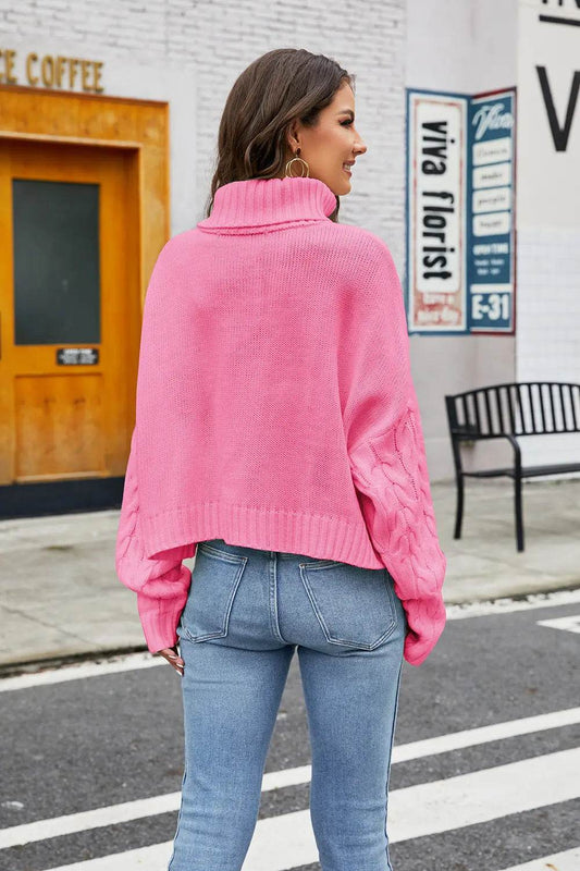 Turtleneck Cable-Knit Long Sleeve Sweater - MARIGOLD
