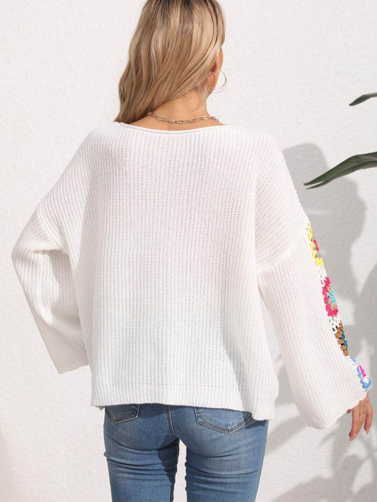 Flower Crochet Knit Long Sleeve Sweater - MARIGOLD