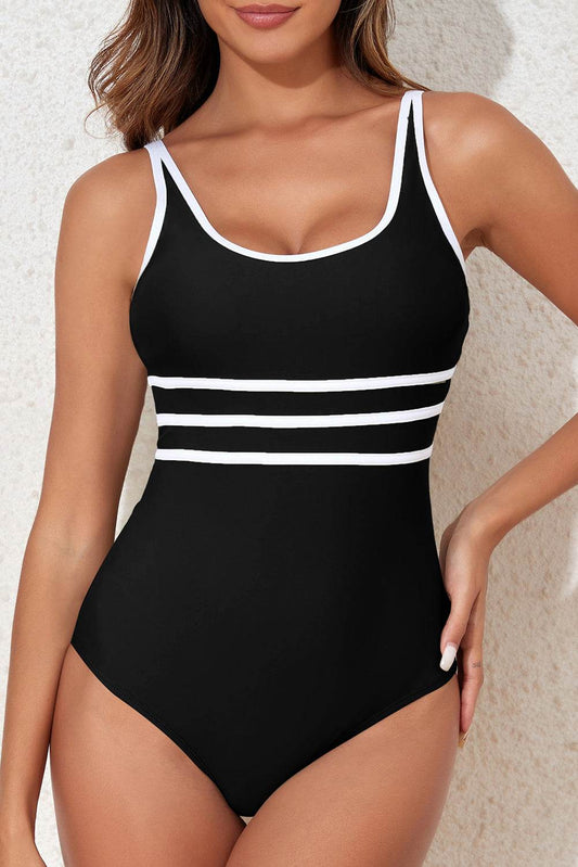 Contrast Trim Scoop Neck One-Piece Swimwear - MARIGOLD