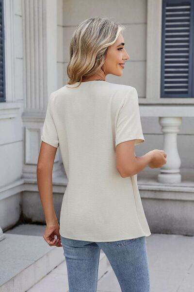 Solid Color Surplice Short Sleeve Blouse - MARIGOLD