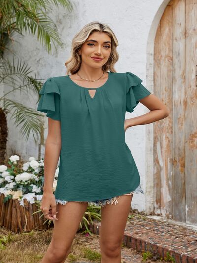 Cutout Round Neck Short Sleeve Blouse - MARIGOLD