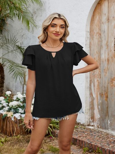 Cutout Round Neck Short Sleeve Blouse - MARIGOLD