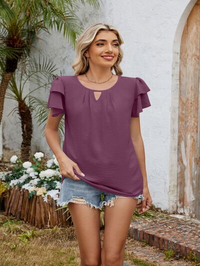 Cutout Round Neck Short Sleeve Blouse - MARIGOLD