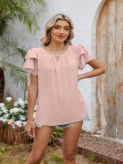 Cutout Round Neck Short Sleeve Blouse - MARIGOLD