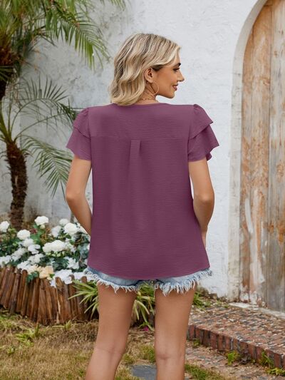 Cutout Round Neck Short Sleeve Blouse - MARIGOLD