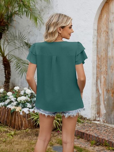 Cutout Round Neck Short Sleeve Blouse - MARIGOLD