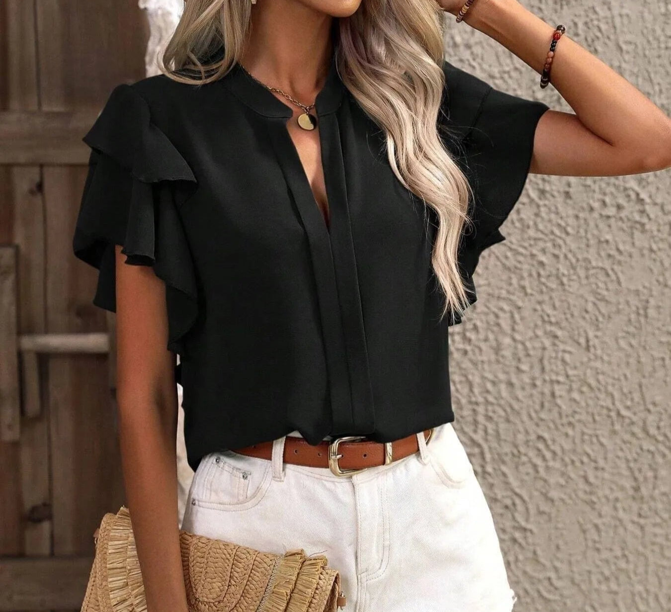Ruffle Sleeve Notched Blouse black