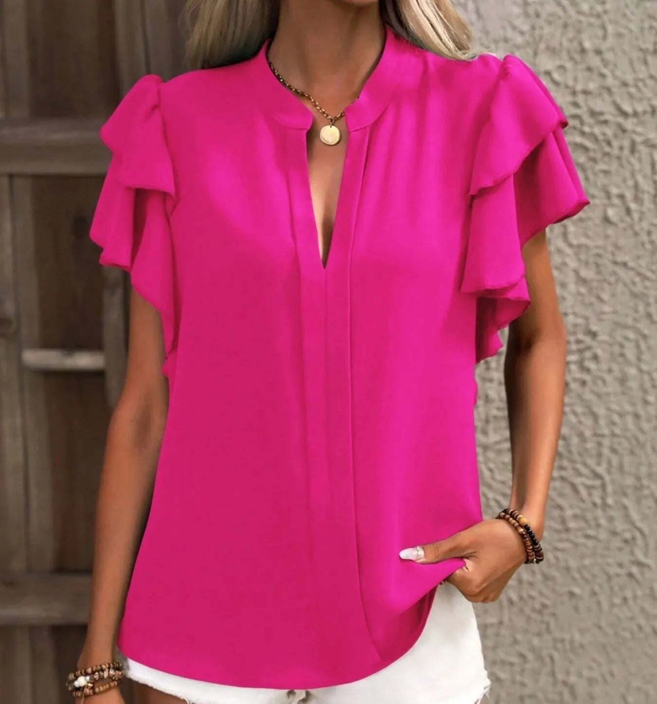 Ruffle Sleeve Notched Blouse pink