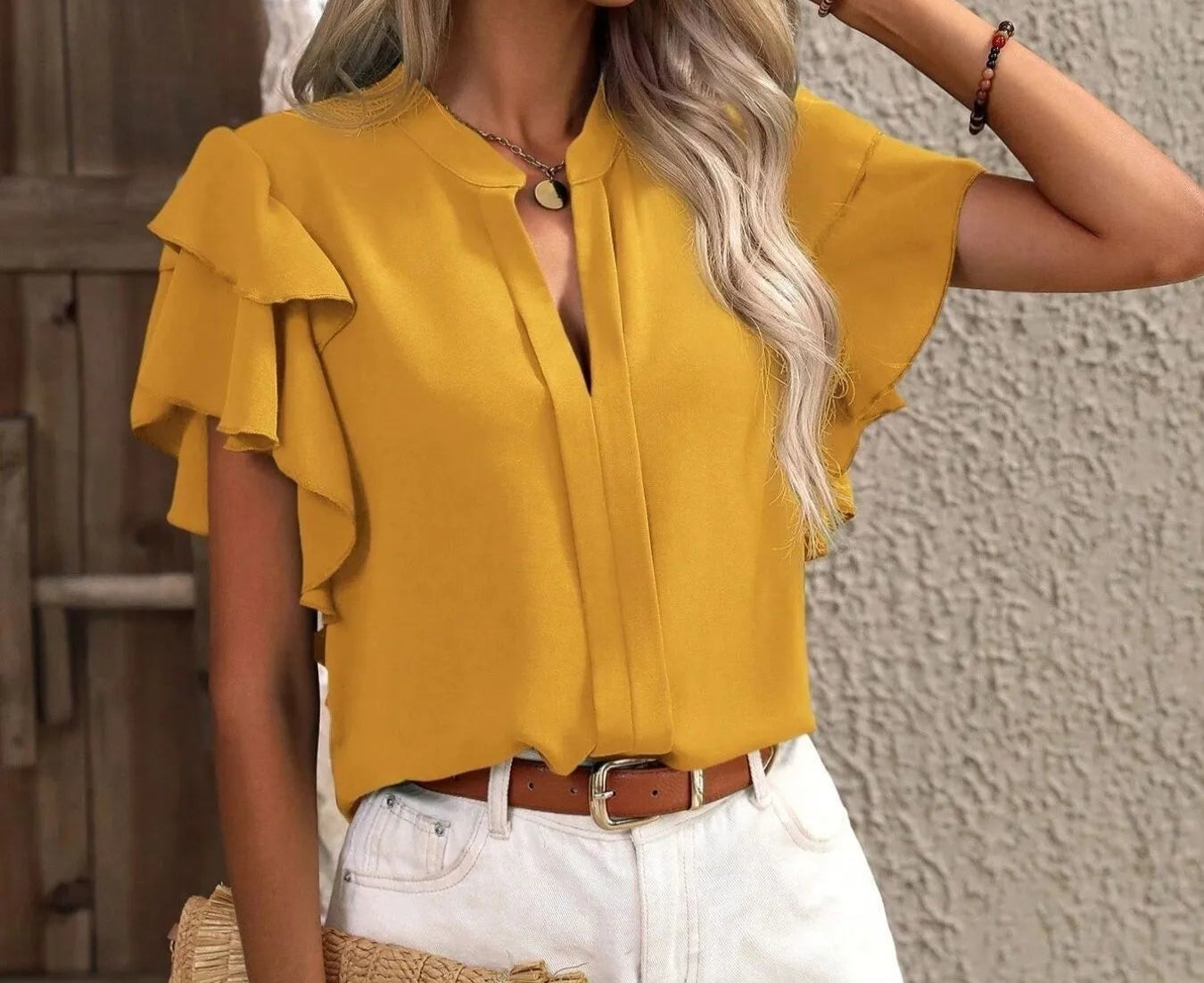 Ruffle Sleeve Notched Blouse mustard