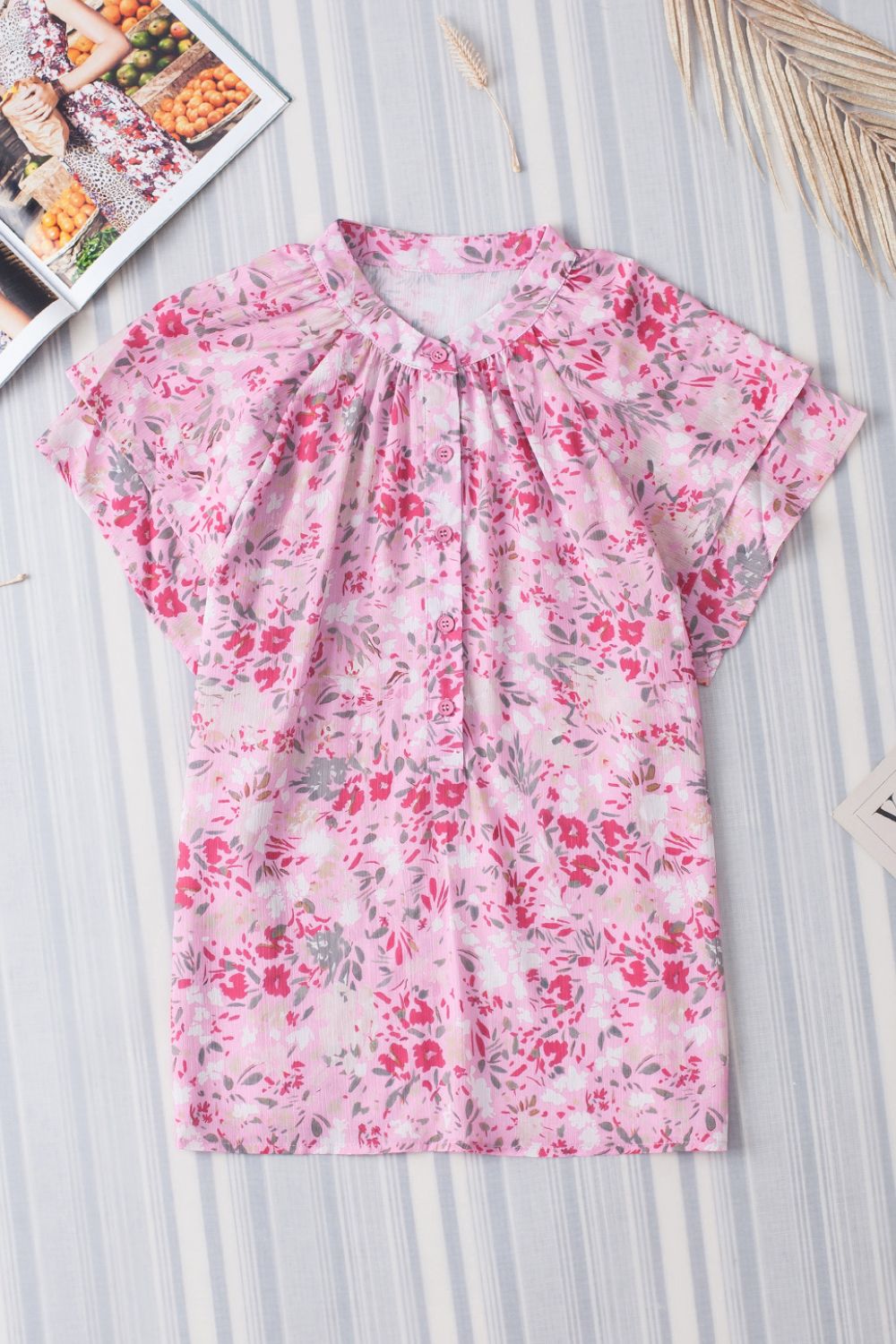 Pink Floral Print Flutter Sleeve Blouse - MARIGOLD