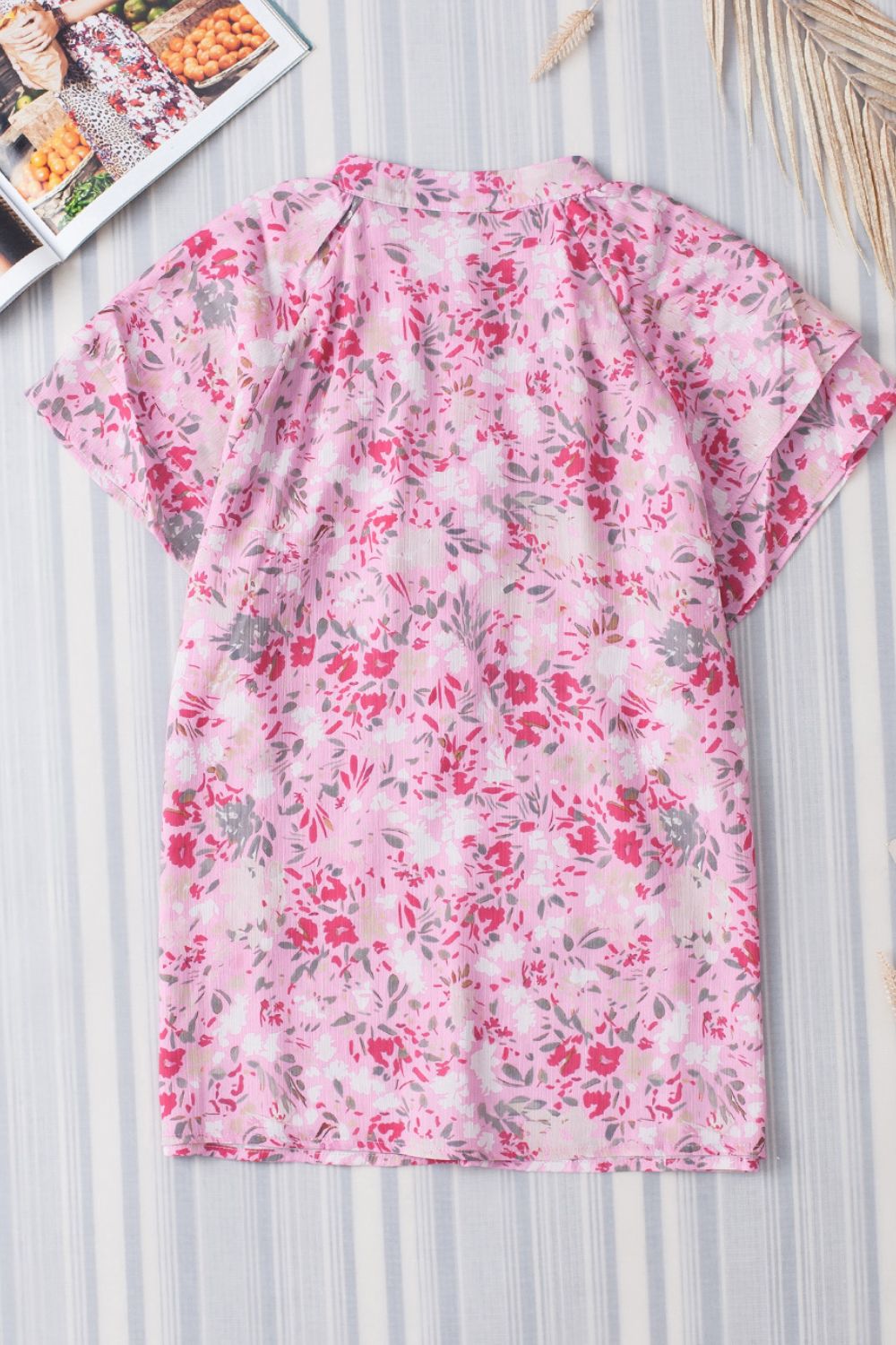Pink Floral Print Flutter Sleeve Blouse - MARIGOLD