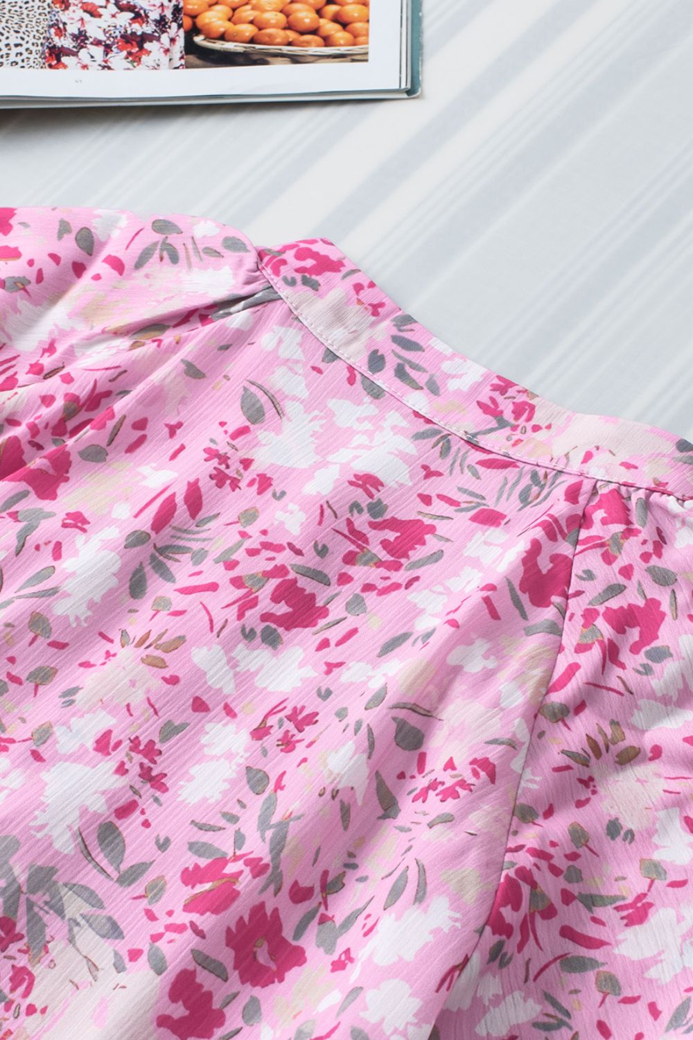 Pink Floral Print Flutter Sleeve Blouse - MARIGOLD