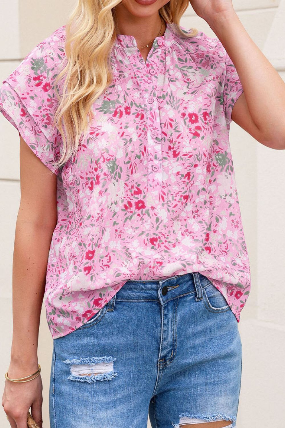 Pink Floral Print Flutter Sleeve Blouse - MARIGOLD
