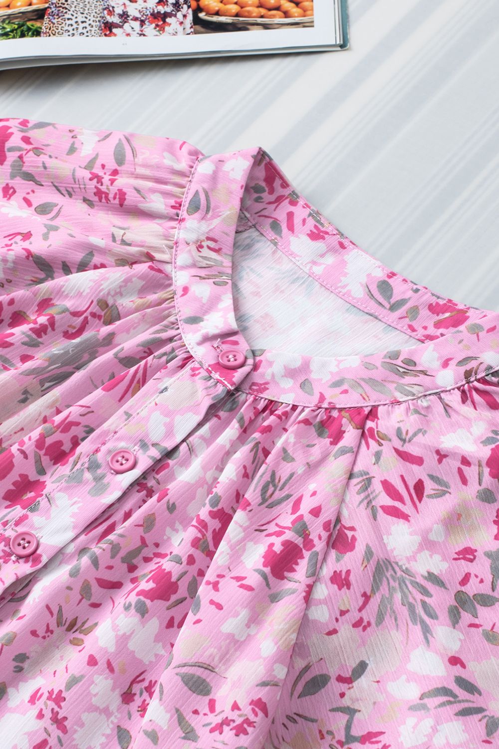 Pink Floral Print Flutter Sleeve Blouse - MARIGOLD