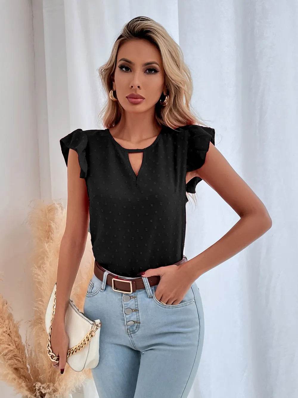 Swiss Dot Cap Sleeve Blouse - MARIGOLD