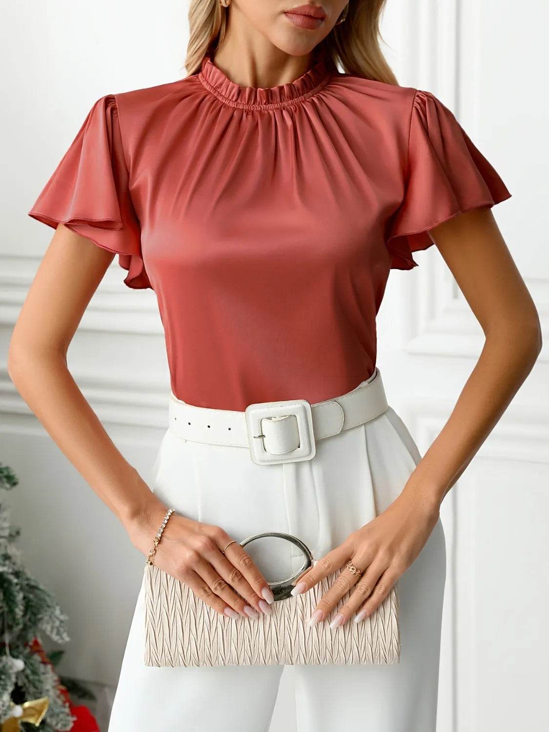 Frill High Neck Flutter Sleeve Blouse - MARIGOLD